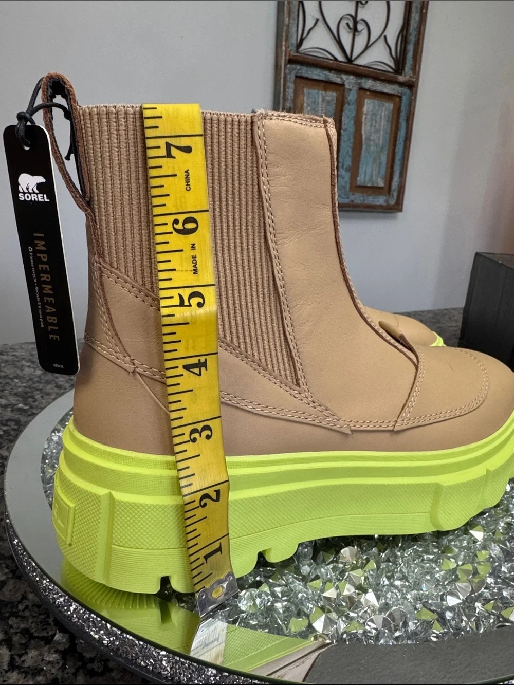 Sorel Women's Tan Chelsea Platform Boot with Neon Yellow Sole